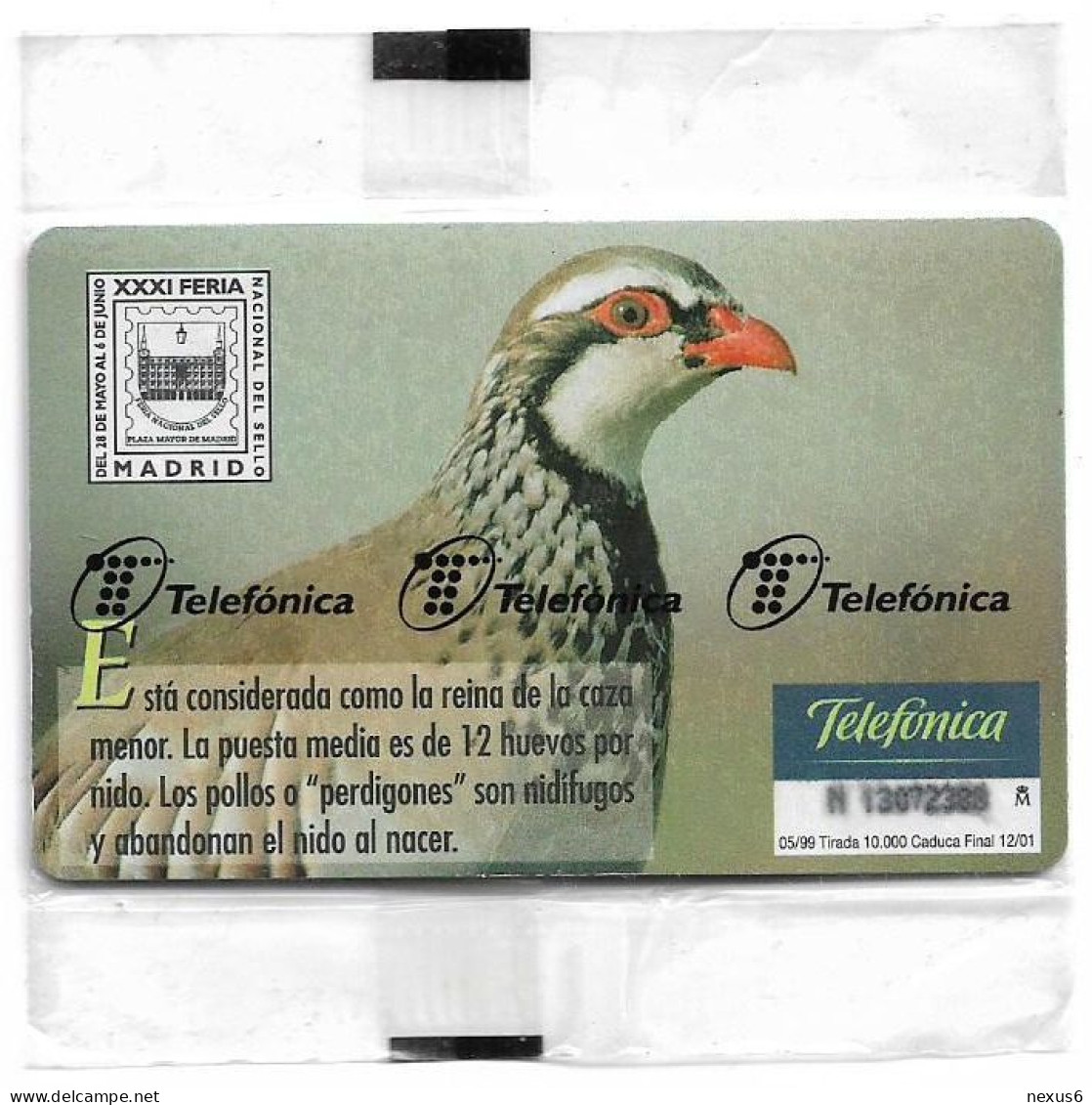 Spain - Telefonica - Fauna Iberica - Perdiz Roja Bird - P-381 - 05.1999, 500PTA, 10.000ex, NSB - Emisiones Privadas