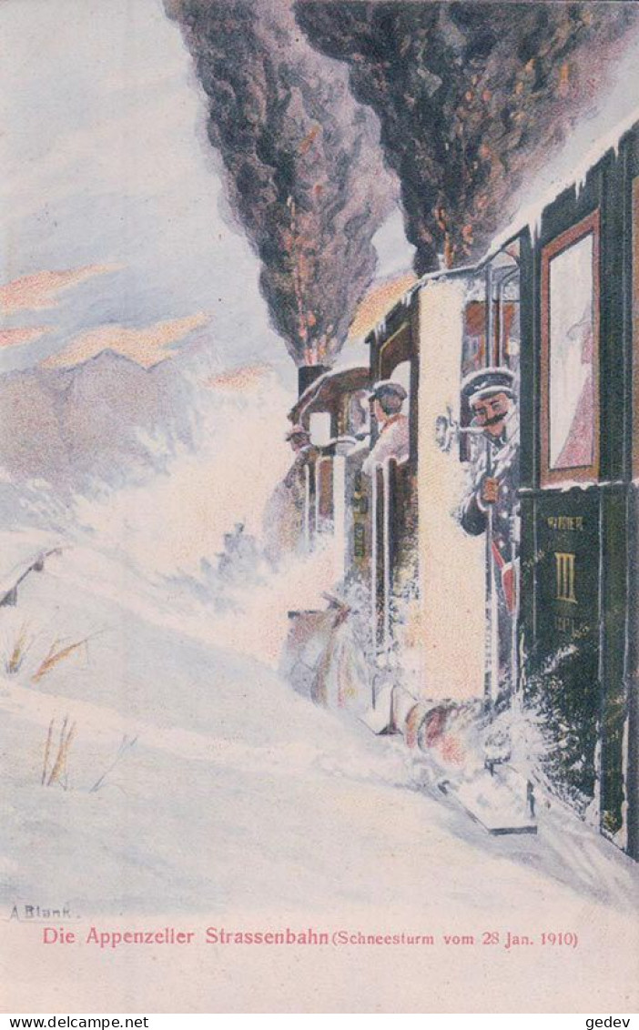 Die Appenzeller Strassenbahn, Blank Illustrateur, Train, 2 Loco à Vapeur Dans La Neige, Schneesturm Vom 28 Janv.1910 - Gais