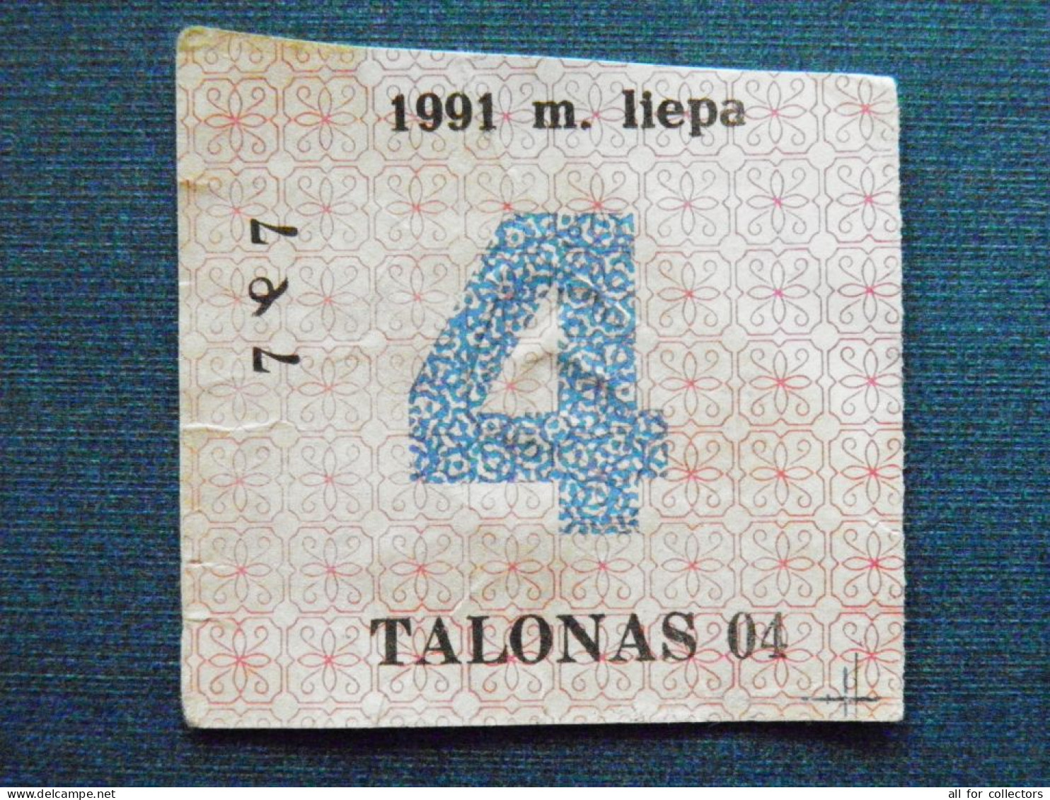 4 Talonas Lithuania Food Coupon 1991 July - Lituania