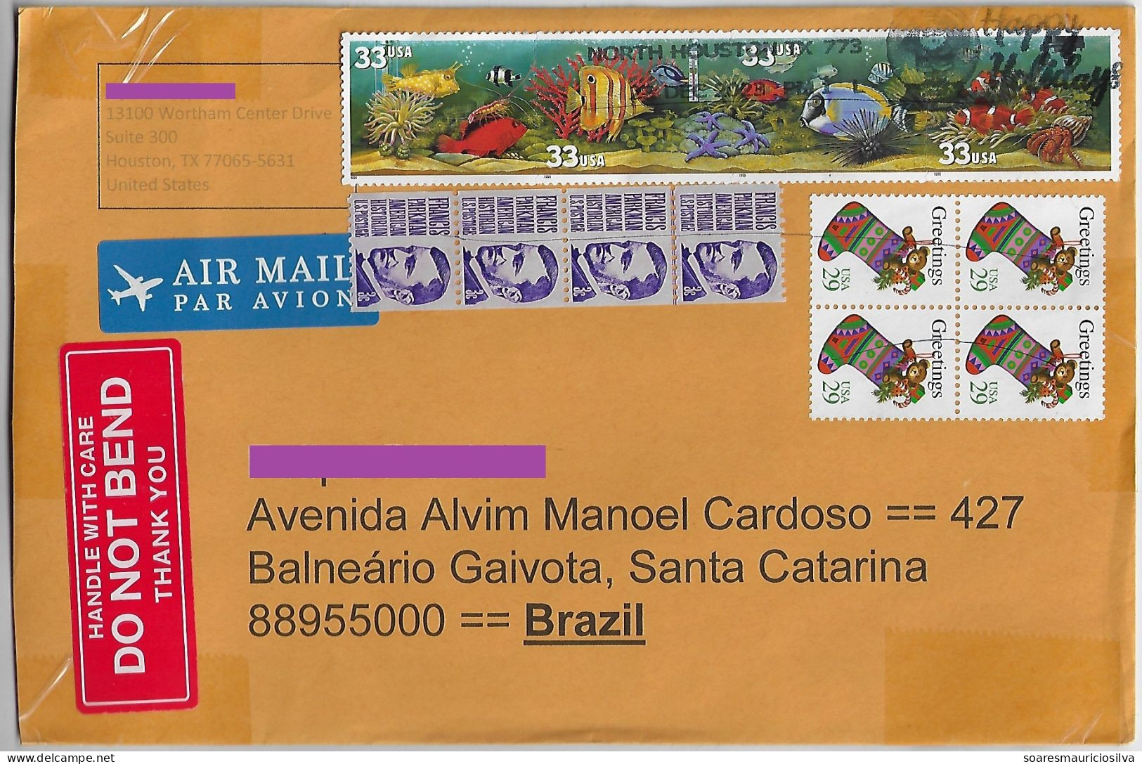 USA 2023 Airmail Cover From North Houston To Balneário Gaivota Brazil 12 Stamp Aquarium Fish Christmas Francis Parkman - Covers & Documents