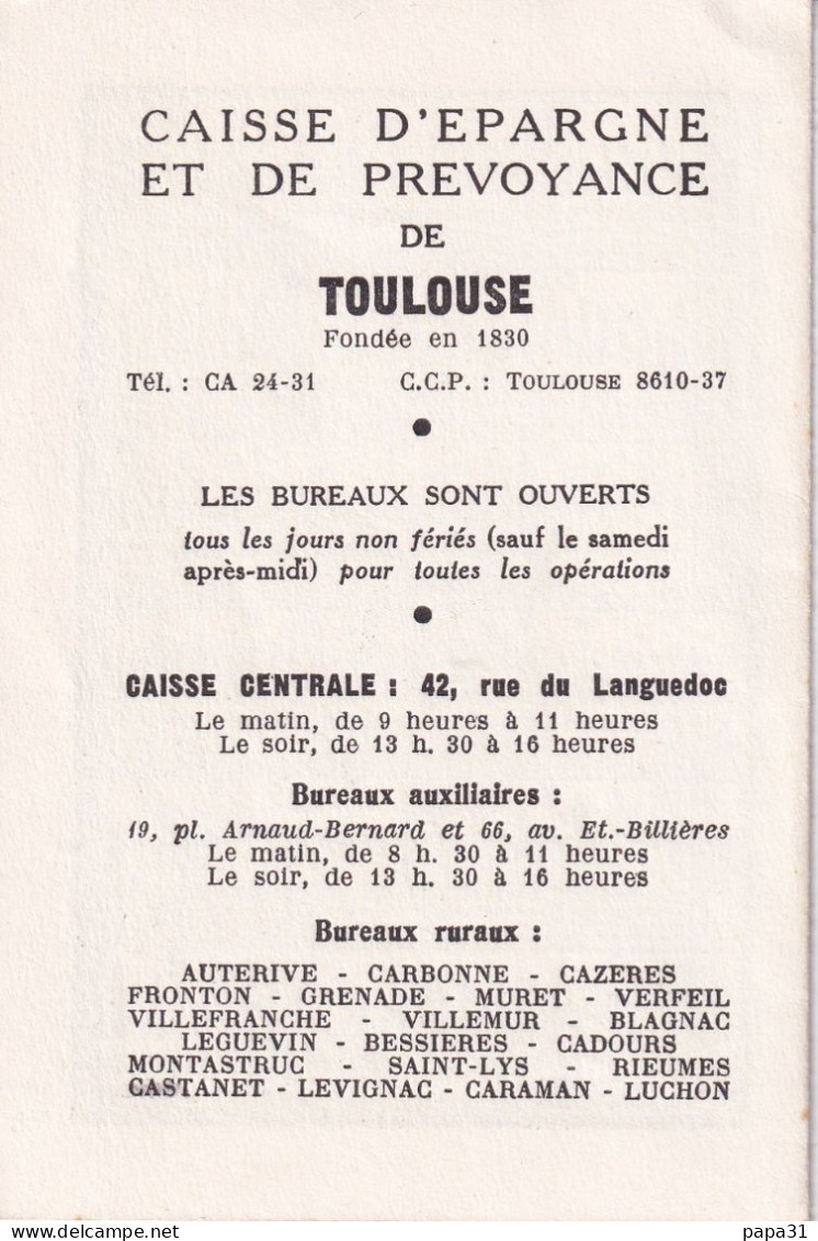 Calendrier De 1957  De La CAISSE ET DE PREVOYANCE De TOULOUSE - Petit Format : 1941-60