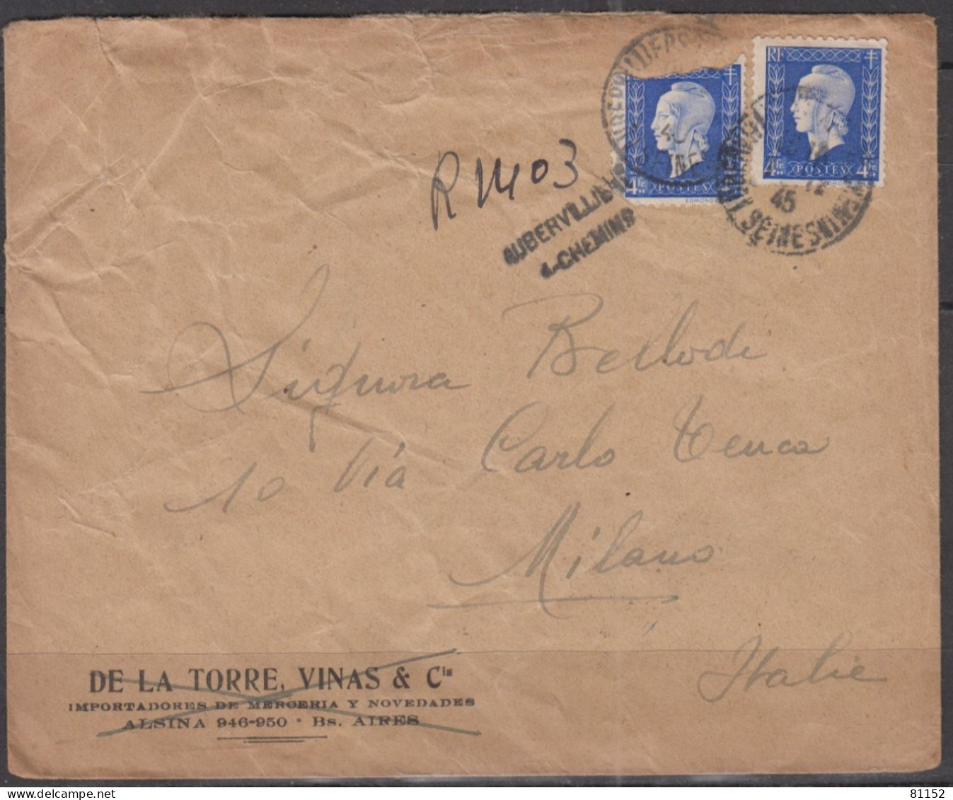 Marianne De Dulac  4F Out X 2 Y.T.695   Sur Lettre 1945 De AUBERVILLIERS   Pour  MILAN  Italie - 1944-45 Marianne Of Dulac