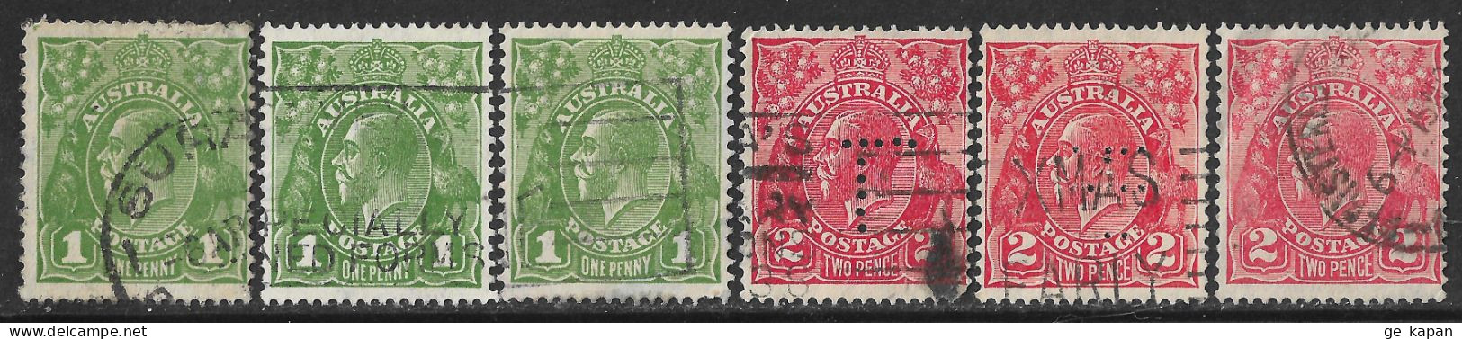 1931 AUSTRALIA SET OF 6 USED STAMPS Some Perfin (Scott # 114,116) CV $1.80 - Used Stamps