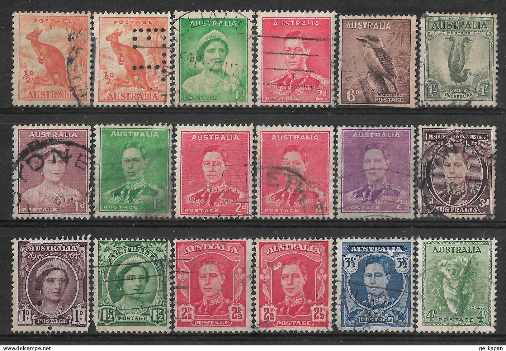 1937-1956 AUSTRALIA 18 USED STAMPS (Scott # 166,167,169,173,175,181,181B,182,182B,183A,191,192,194,195,293) CV $6.30 - Oblitérés