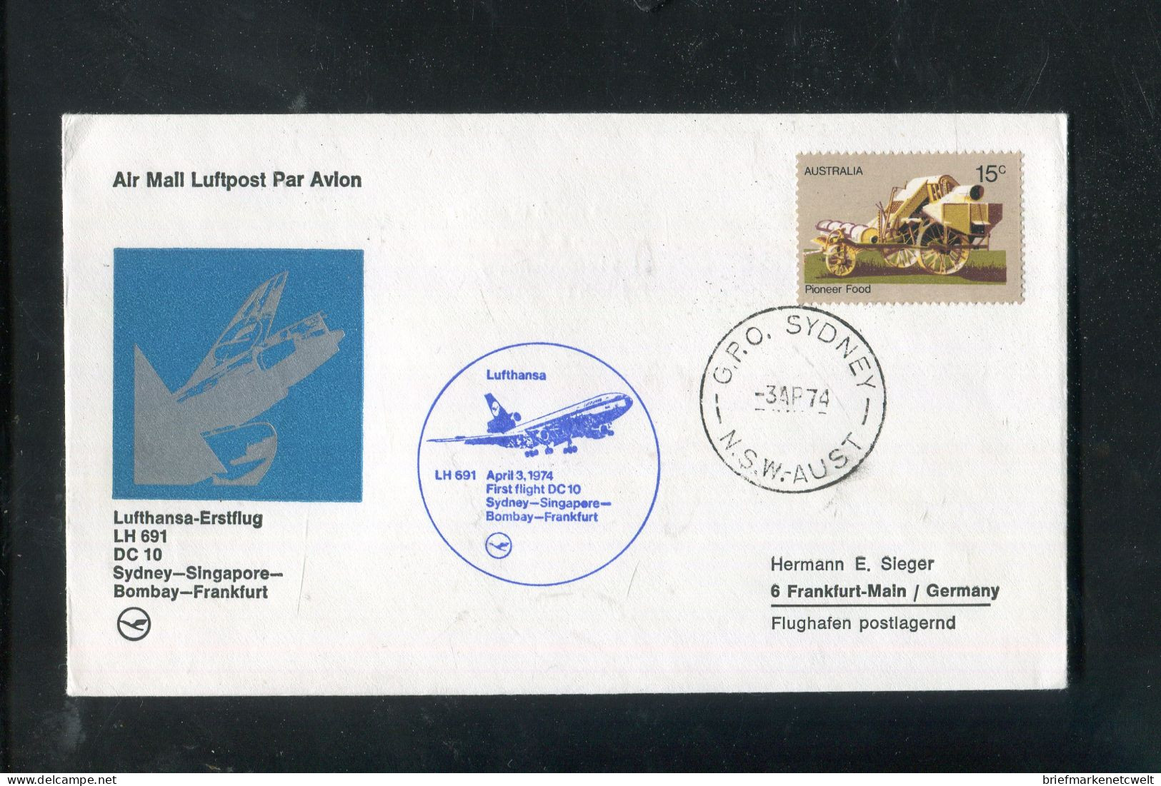 "AUSTRALIEN" 1974, Erstflugbrief LH 691 Mit DC 10 "Sydney-Frankfurt" (60053) - Cartas & Documentos