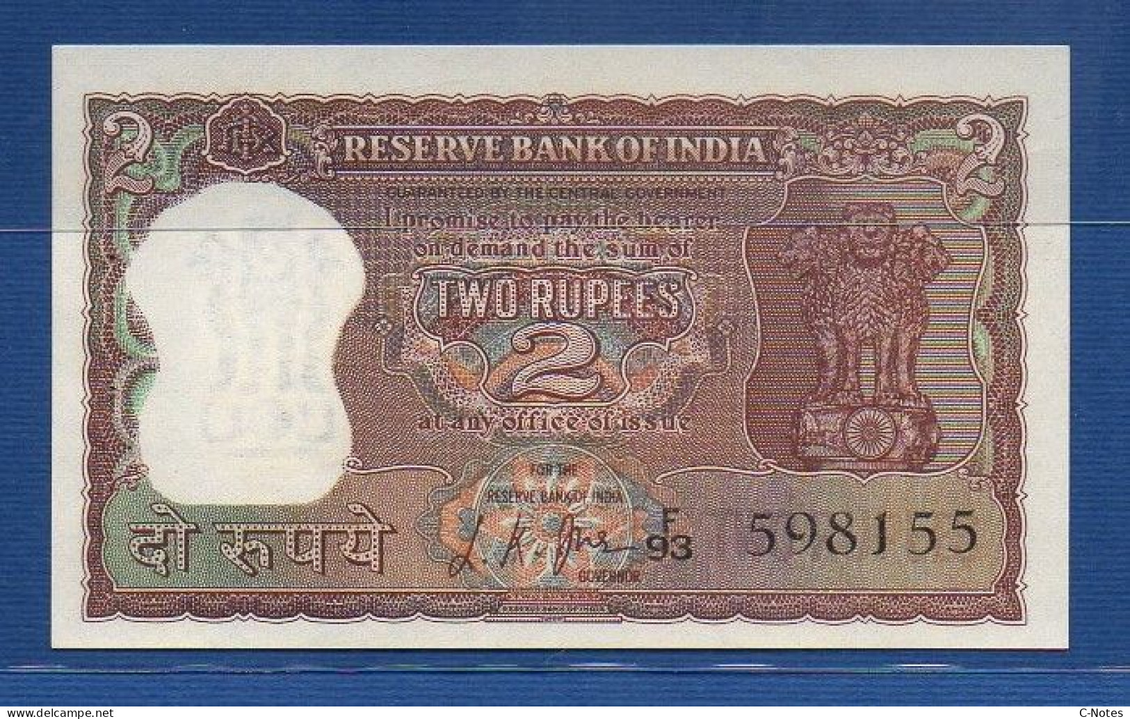 INDIA - P. 51b – 2 Rupees ND, UNC,  Serie F93 598155 -  Signature: L. K. Jha (1967-1970) - Indien