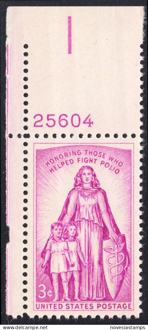 !a! USA Sc# 1087 MNH SINGLE From Upper Left Corner W/ Plate-# 25604 (a2) - Polio - Nuovi