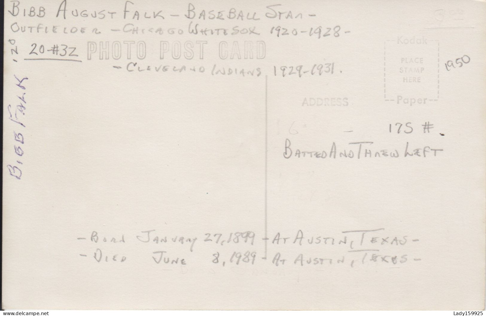 Bibb Falk Batteur Gauche  Ligne Majeur Baseball Américaine.1920-1931  Real Photo B&W Kodak Carte Signé 2 Scans - Honkbal