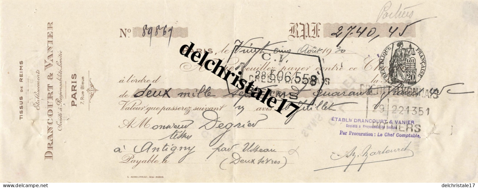 75 0160 PARIS SEINE 1930 Tissus De Reims Éts DRANCOURT & VANIER 7 Rue Bleue à M. DEGRIER TISSUS à ANTIGNY-D'USSEAU (79) - Schecks  Und Reiseschecks