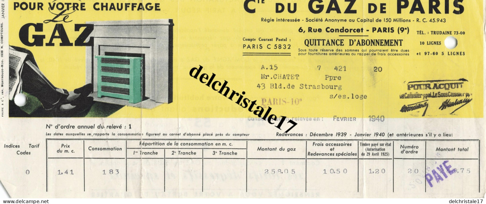 75 0030 PARIS SEINE 1939 - Cie Du Gaz De Paris Publicité Réductions Des Tarifs Du Gaz Rue Condorcet à M. TOUTAIN - Electricité & Gaz