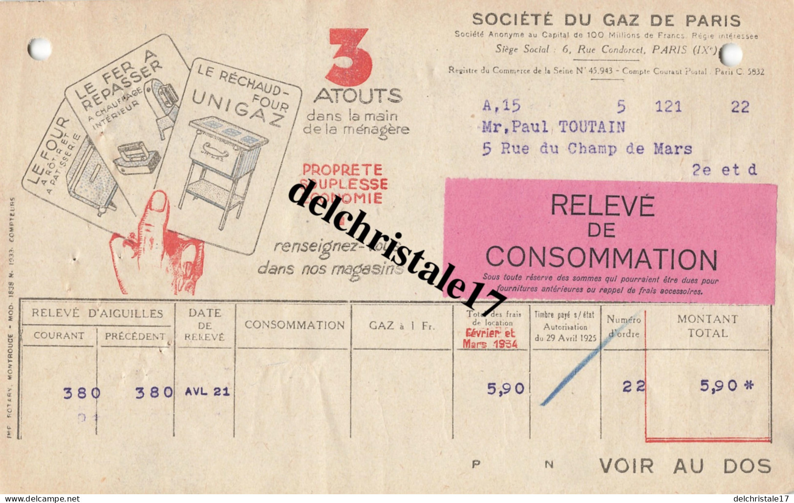 75 0034 PARIS SEINE 1934  Sté Du Gaz De Paris Publicité Cigarettes Celtiques CAPORAL Rue Condorcet à TOUTAIN - Elektrizität & Gas