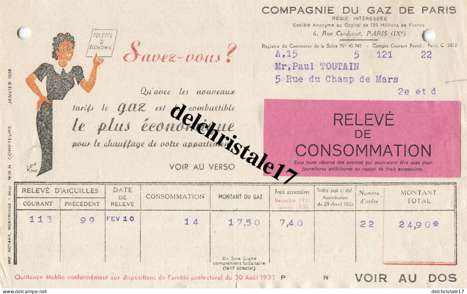 75 0029 PARIS SEINE 1937 - Cie Du Gaz De Paris Publicité Gaz Combustible Le Plus Économique Rue Condorcet à M. TOUTAIN - Electricité & Gaz