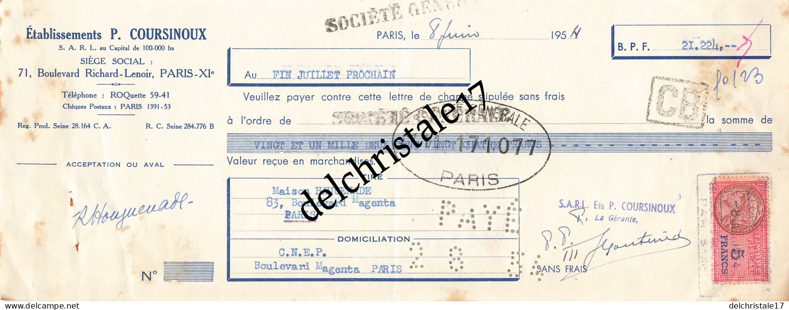 75 0858 PARIS SEINE 1954 Éts P. COURSINOUX Boulevard Richard LENOIR Dest. Maison HAUGENADE Bld Magenta à PARIS - Lettres De Change