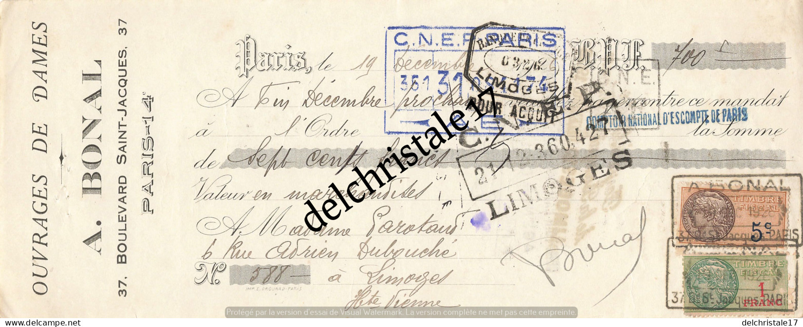 75 0829 PARIS SEINE 1926 Ouvrages De Dames A. BONAL 37 Bld Saint-Jacques Dest. Mme PAROTAUD à Limoges - Lettres De Change