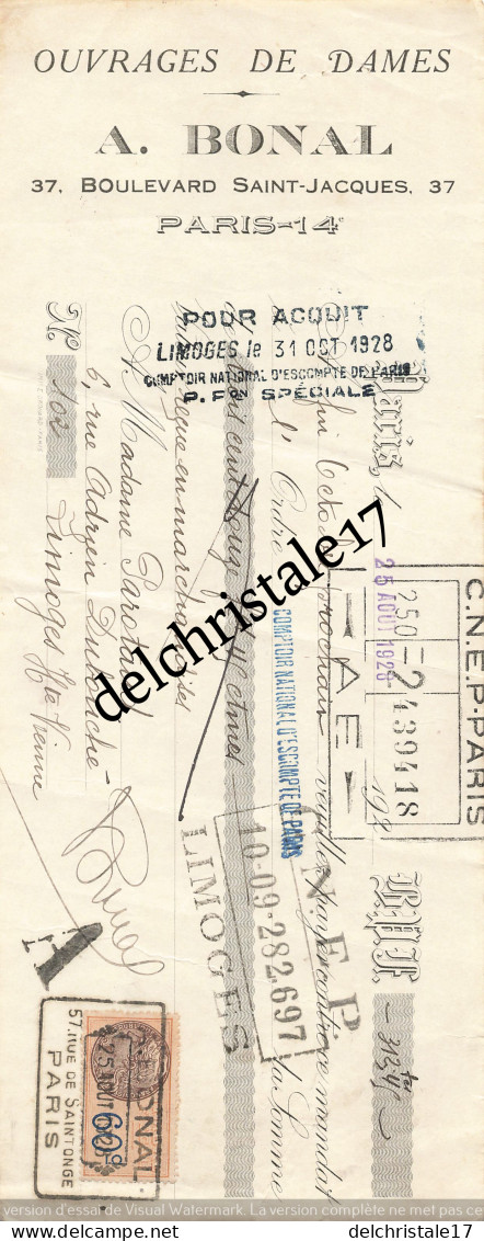 75 0828 PARIS SEINE 1928 Ouvrages De Dames A. BONAL 37 Bld Saint-Jacques Dest. Mme PAROTAUD à Limoges - Lettres De Change