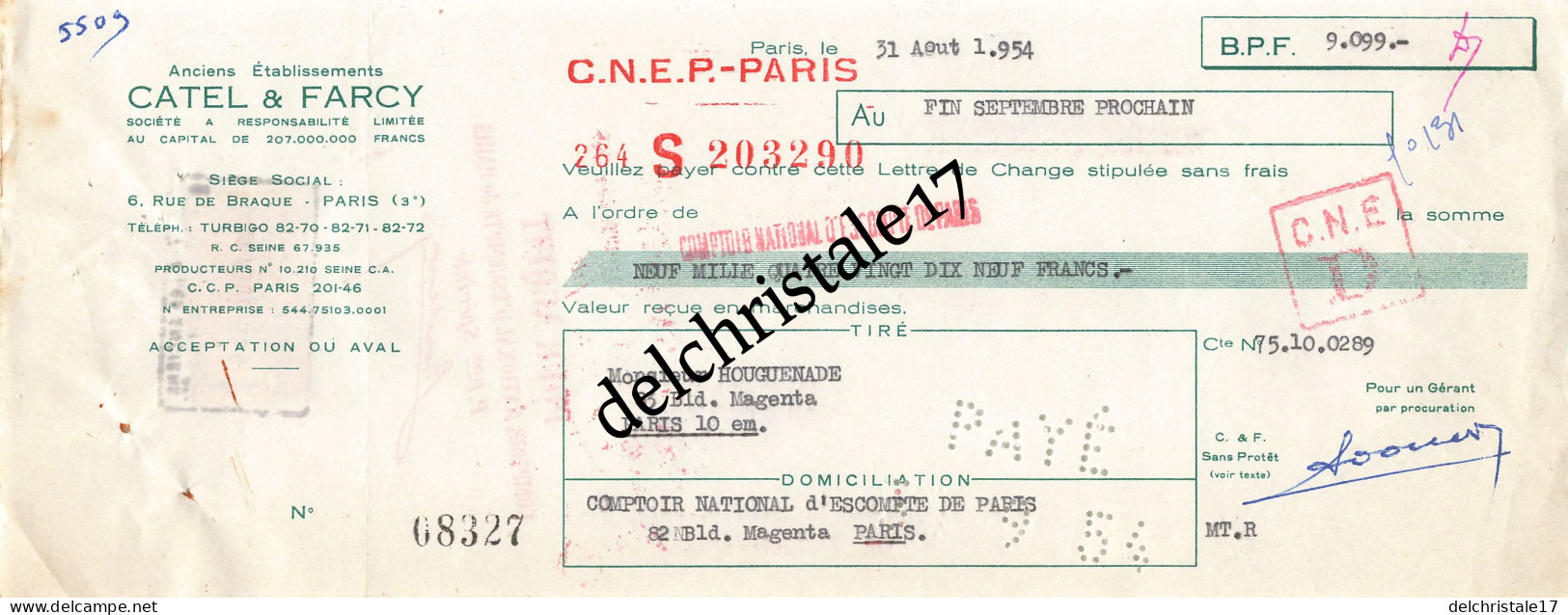 75 0834 PARIS SEINE 1954 Anciens Éts CATEL & FARCY ( Papiers En Gros) Siège 06 Rue Du Braque Dest. M. HOUGUENADE - Lettres De Change