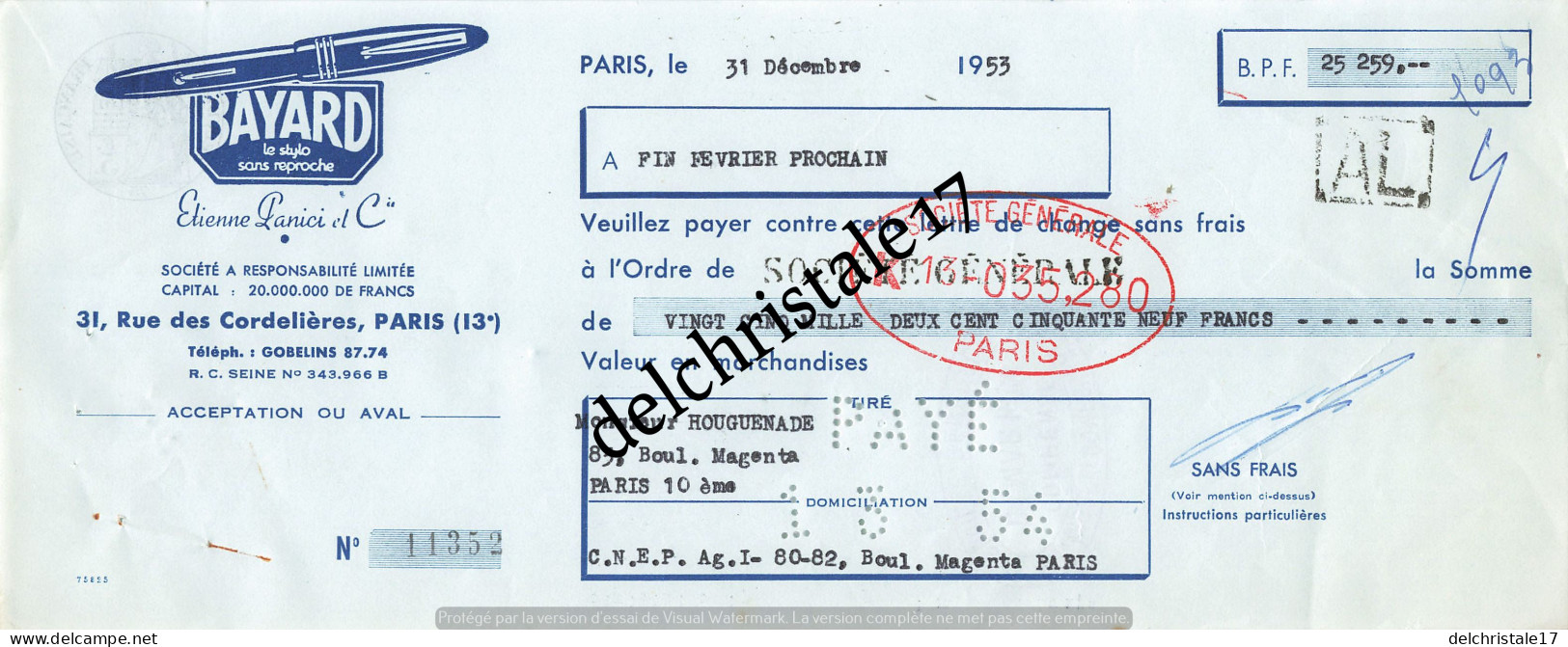 75 0813 PARIS SEINE 1954 SARL Étienne PANICI & Cie Le Stylo BAYARD Sans Reproche Rue Des Cordelières à HOUGUENADE - Lettres De Change