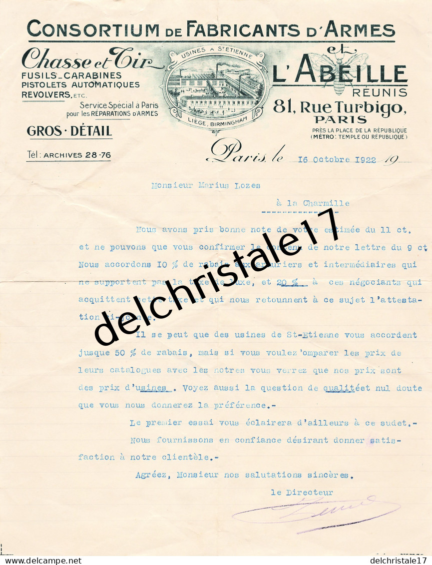 75 1480 PARIS SEINE 1922 Chasse & Tir CONSORTIUM DE FABRICANTS D'ARMES & L'ABEILLE RÉUNIS Rue Turbigo à LOZES - Sports & Tourism