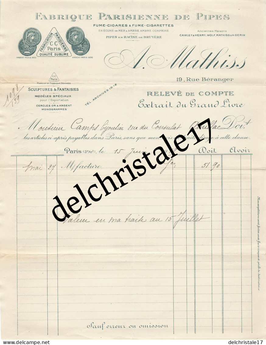 75 1334 PARIS SEINE 1919 Fabrique  De Pipes Fume-Cigares & Fume-Cigarettes A. MATHIS Rue Béranger à CAMPS Bijoutier - Documents