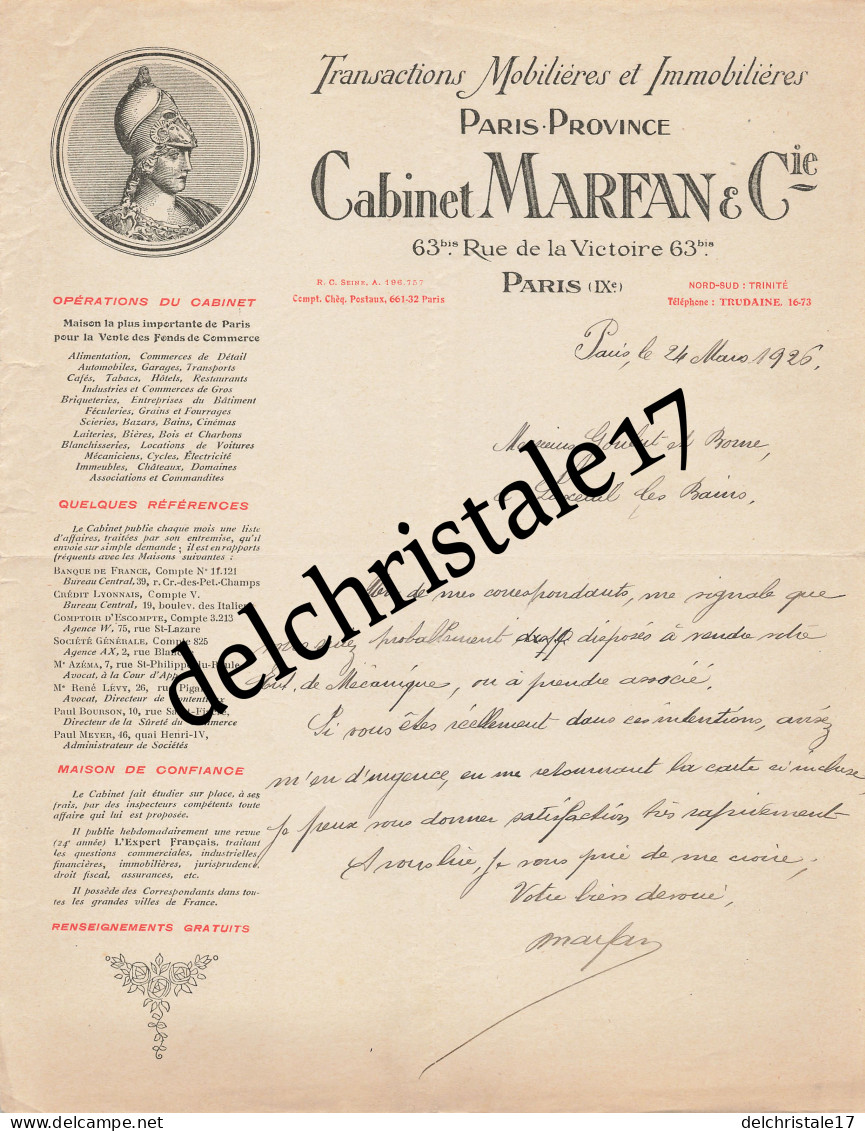 75 1321 PARIS SEINE 1926 Transaction Mobilères Immobilères Paris-Province MARFAN & Cie Rue De La Victoire à GOULUT - Bank En Verzekering