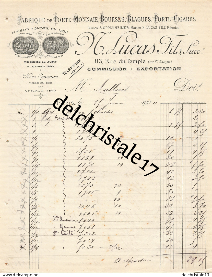 75 1300 PARIS SEINE 1900 Fabrique Porte Monnaie Bourses Blagues Porte Cigares N. LUCAS Fils Succ Rue Du Temple à MALLART - Documents