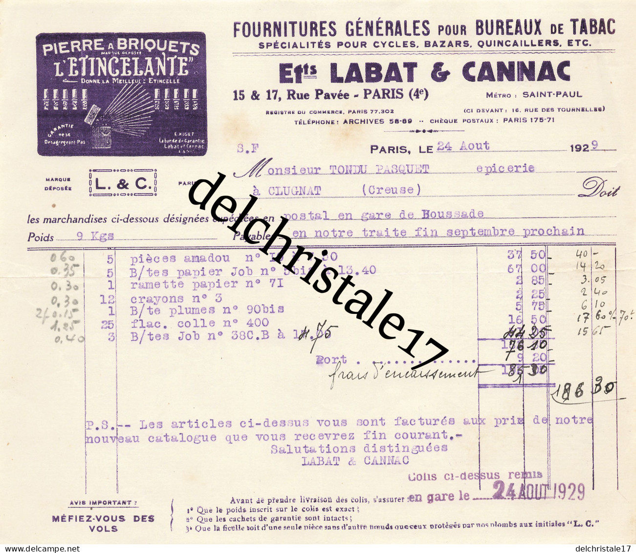 75 1223 PARIS SEINE 1929 Fournitures Bureau De Tabac Éts LABAT CANNAC Pierre à Briquet L'ETINCELANTE Rue Pavée à TONDU - Documents