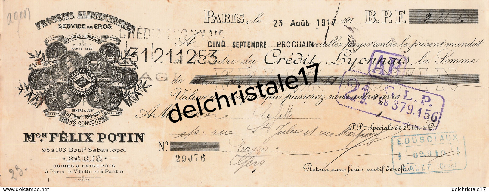 75 1978 PARIS SEINE 1917 Produits Alimentaires Maison Félix POTIN Bld Sébastopol à LAFITTE - Lettres De Change