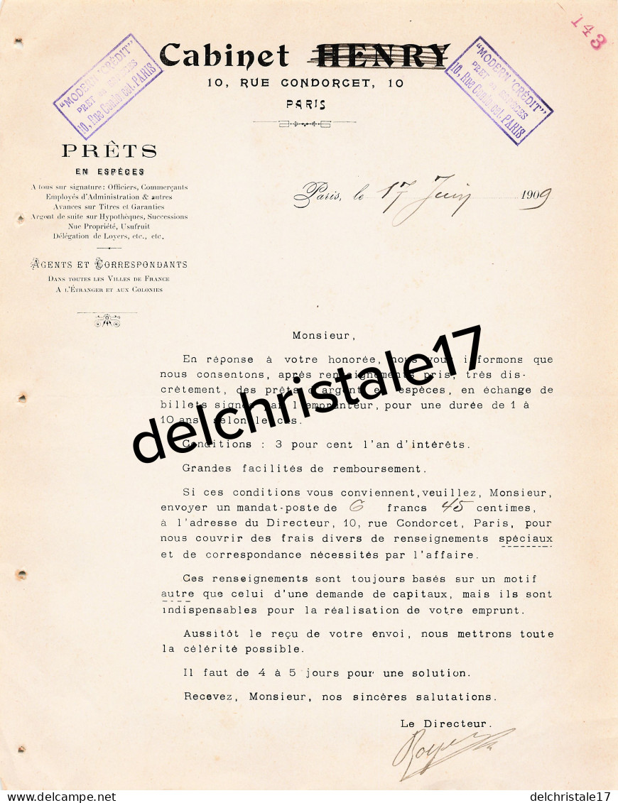 75 1958 PARIS SEINE 1909 Prêts En Espèces MODERN CRÉDIT Succ Cabinet HENRY Rue Condorcet Signée ROYER  - Bank En Verzekering