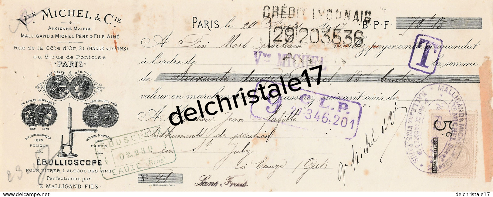 75 1952 PARIS SEINE 1917 Ébullioscope Pour Titrer Alcool Des Vins Vve MICHEL Cie Succ MALLIGAND Rue Cote D'Or à LAFITTE - Lettres De Change