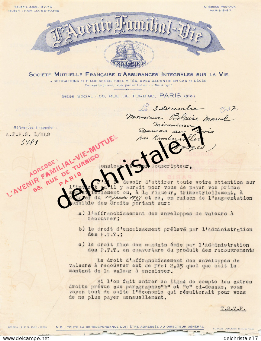 75 1650 PARIS SEINE 1937 Sté Mutuelle D'Assurances Intégrales Sur La Vie L'AVENIR FAMILIAL VIE Rue Turbigo à BLAISE  - Banco & Caja De Ahorros