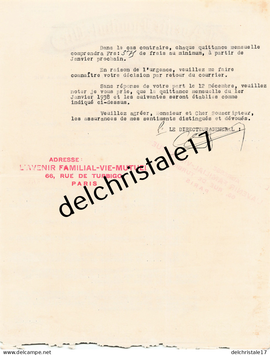 75 1650 PARIS SEINE 1937 Sté Mutuelle D'Assurances Intégrales Sur La Vie L'AVENIR FAMILIAL VIE Rue Turbigo à BLAISE  - Bank En Verzekering