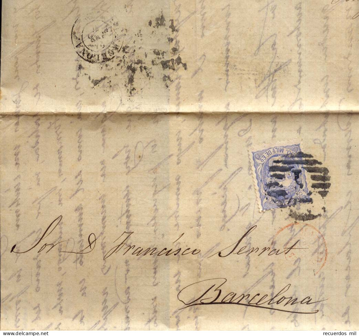 Año 1870 Edifil 107 Carta Matasellos Rejilla Cifra 1  Y Rojo Madrid 1, Fecha 22 Ene 1870  Ruiz De Velasco Corral - Cartas & Documentos