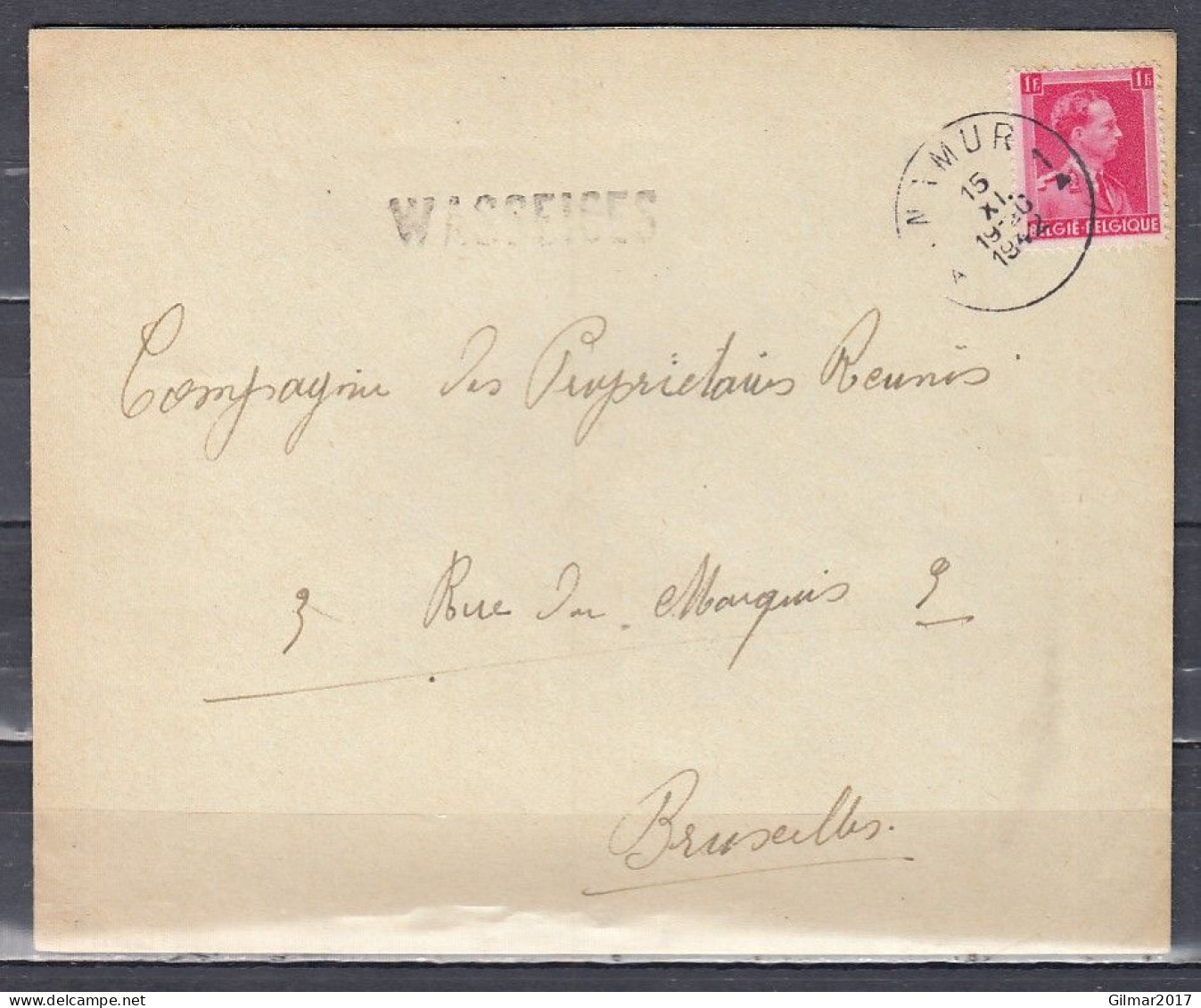Brief Van Namur 1 Naar Bruxelles Met Langstempel Wasseiges - Griffes Linéaires