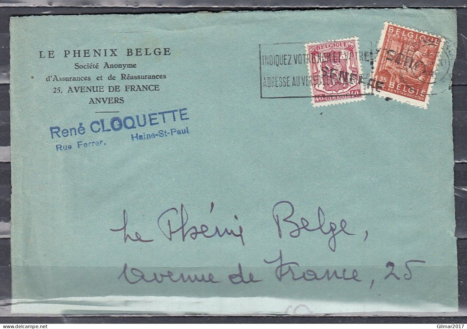 Briefstuk Van Charleroi Naar Anvers Met Langstempel Seneffe - Griffes Linéaires
