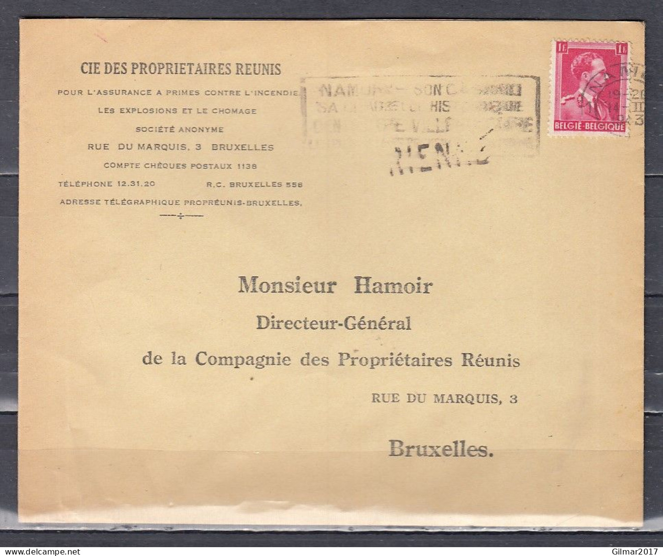 Brief Van Namur 1 Naar Bruxelles Met Langstempel Rienne - Griffes Linéaires