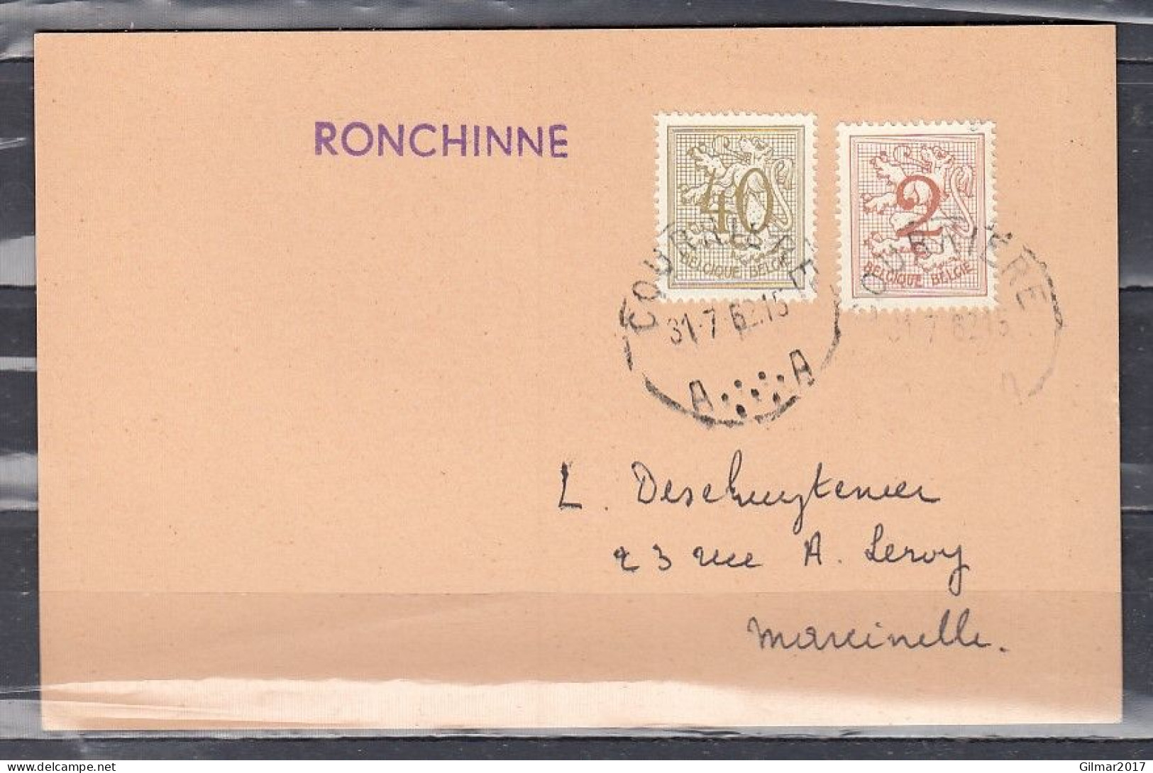 Kaart Van Courriere A Naar Marcinelle Met Langstempel Ronchinne - Linear Postmarks