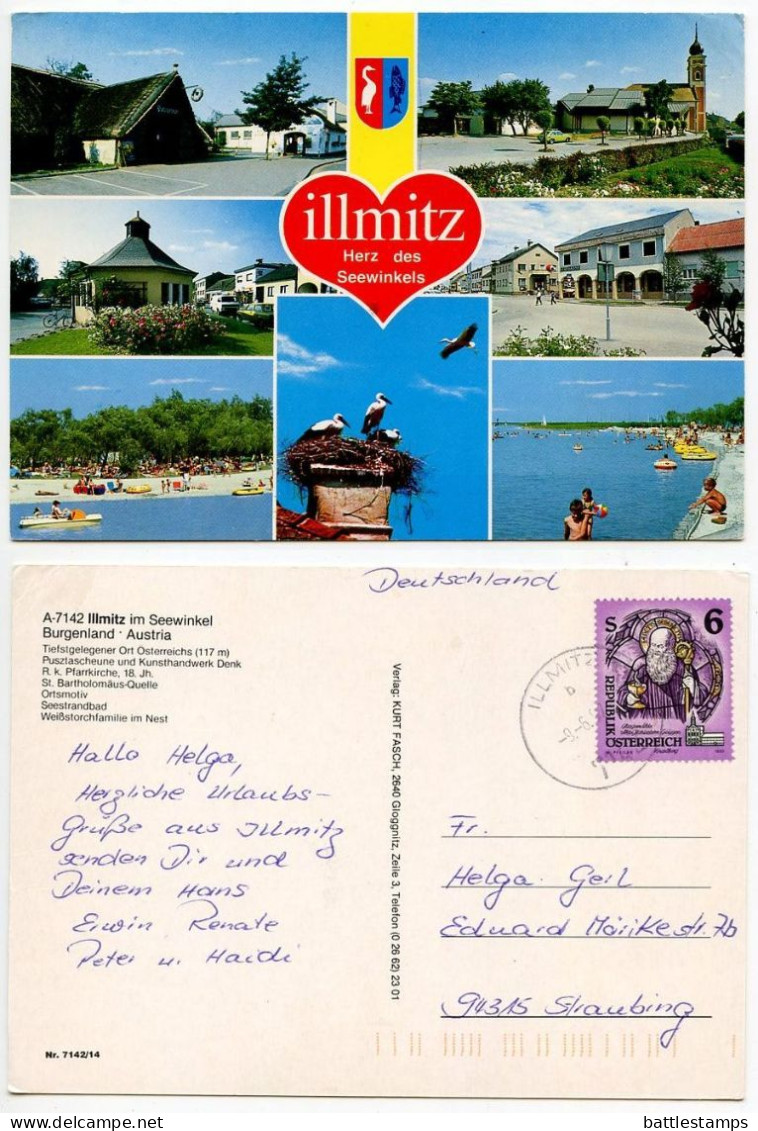 Austria 1997 Postcard Illmitz Im Seewinkel - Scenic Views & Storks; 6s. Mariastern-Gwiggen Monastry Stained Glass Stamp - Neusiedlerseeorte