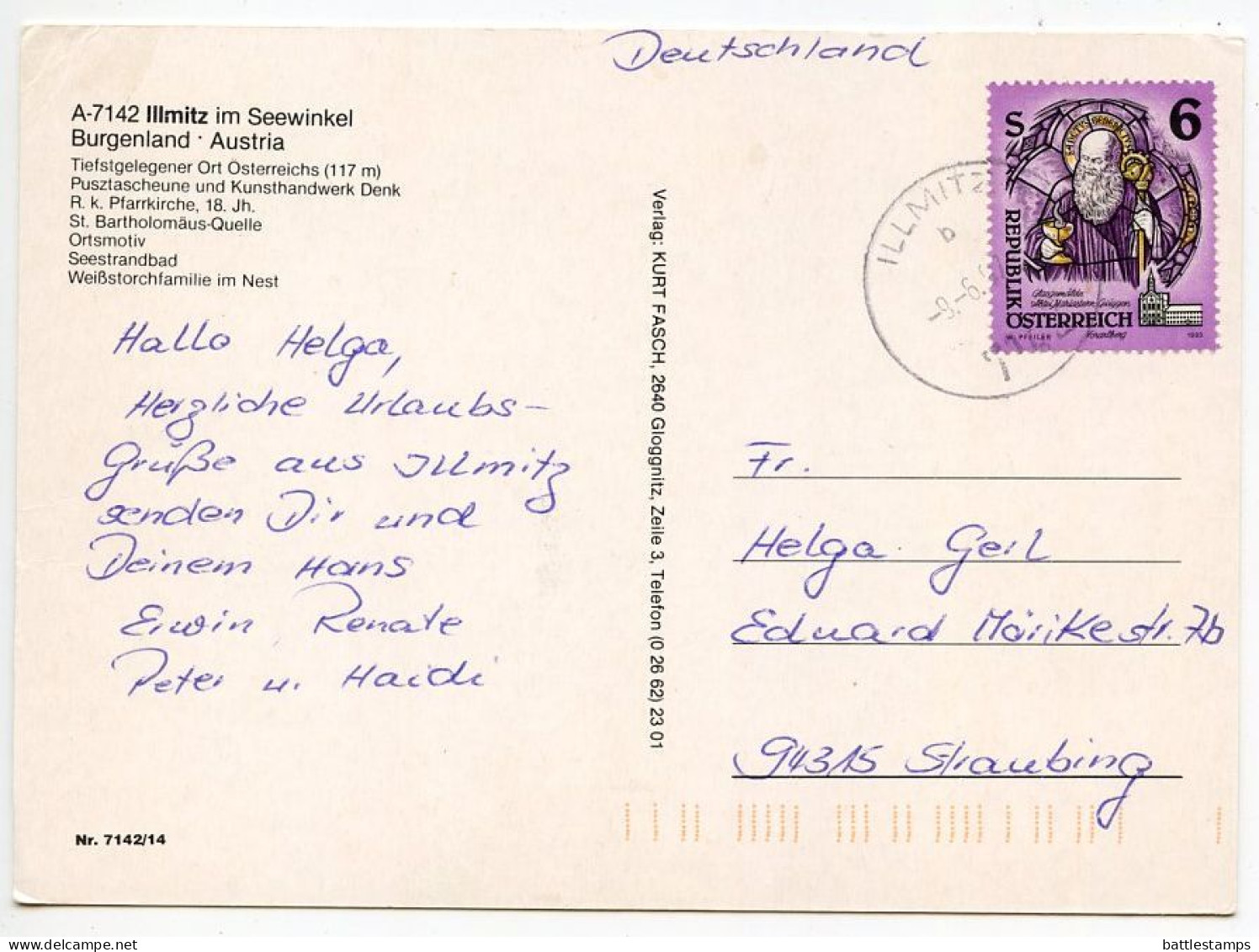 Austria 1997 Postcard Illmitz Im Seewinkel - Scenic Views & Storks; 6s. Mariastern-Gwiggen Monastry Stained Glass Stamp - Neusiedlerseeorte