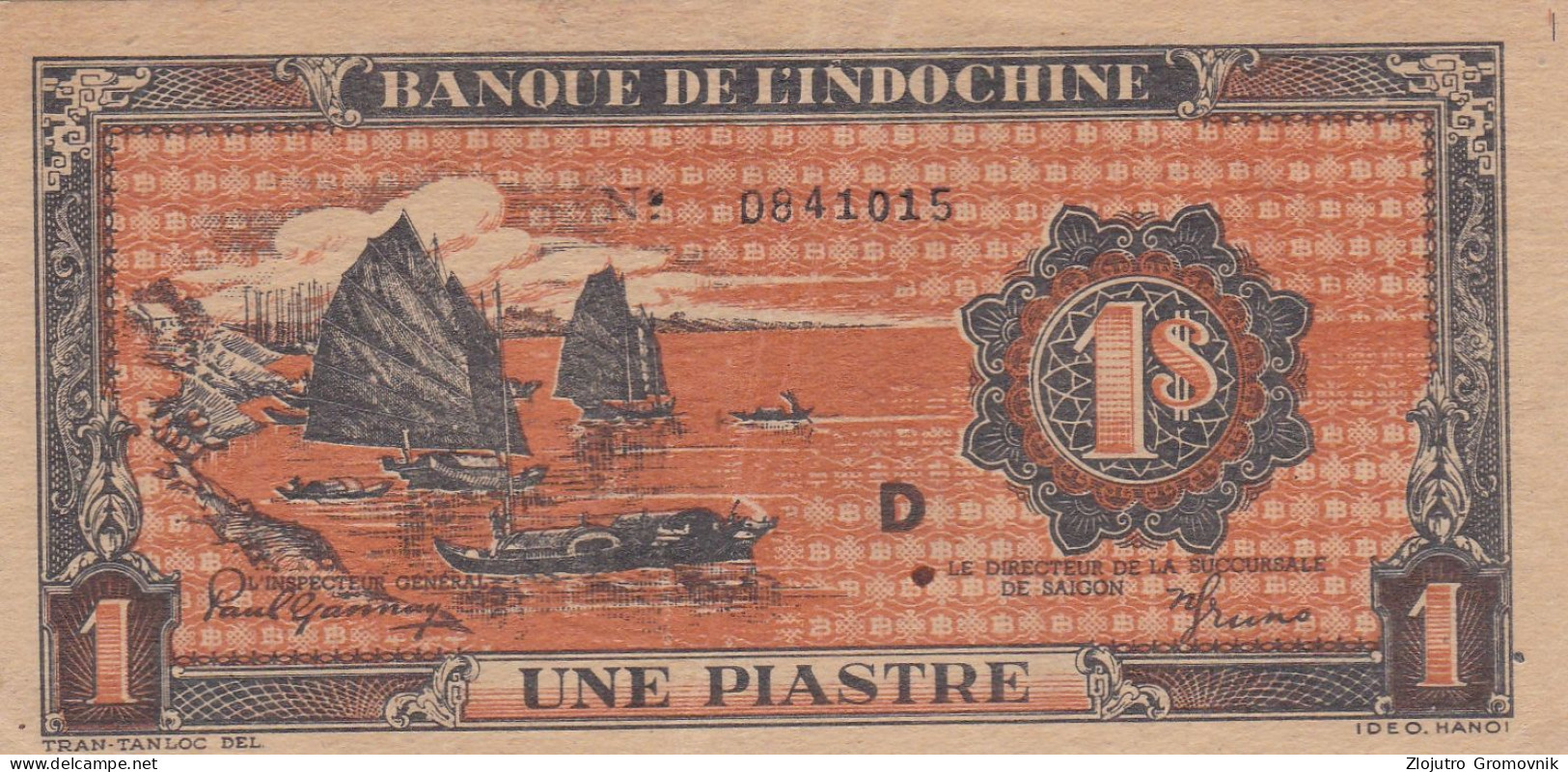 French Indochina 1 Piaster 1942  Orange Saigon !!! - Indochina