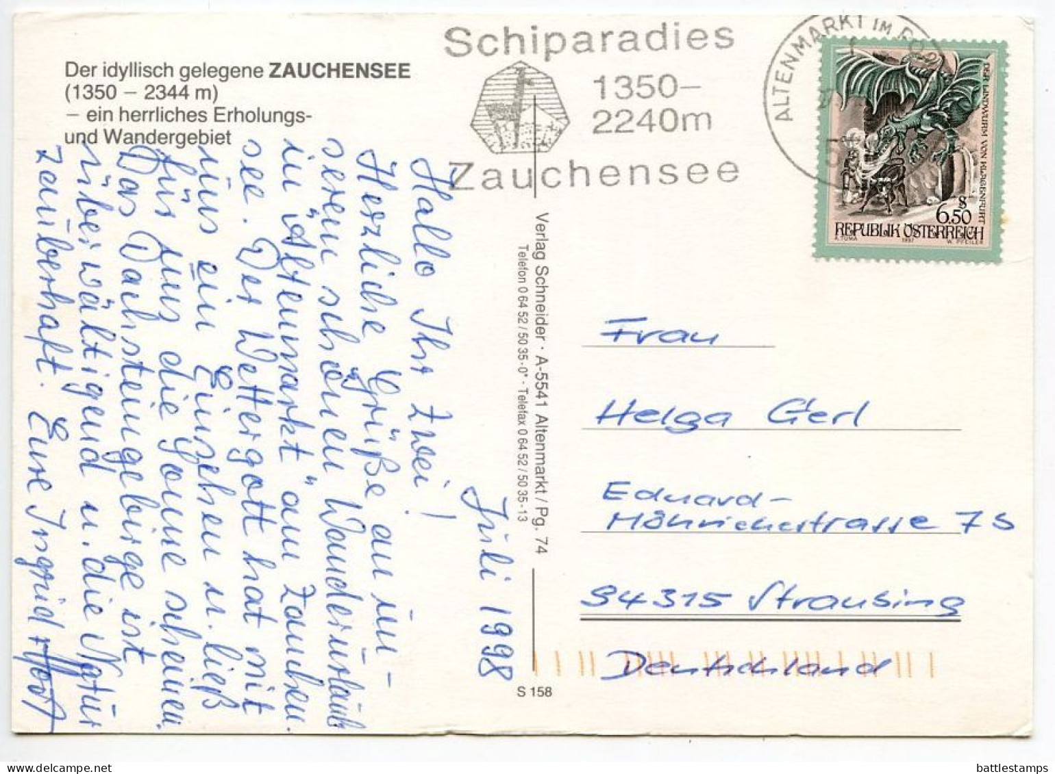 Austria 1998 Postcard Zauchensee - Scenic View; Altenmarkt Im Pongau Cancel; 6.50s Dragon Of Klagenfurt Stamp - Altenmarkt Im Pongau