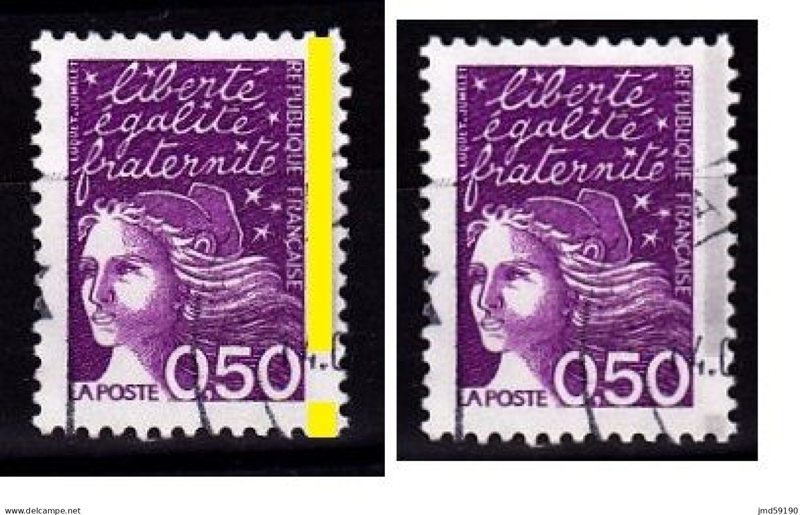 Variété Avec Bande De Phosphore à Cheval Sur Timbre 0,50Fr Violet-rouge Marianne De LUQUET Oblitéré N°3088 - 1997-2004 Marianna Del 14 Luglio