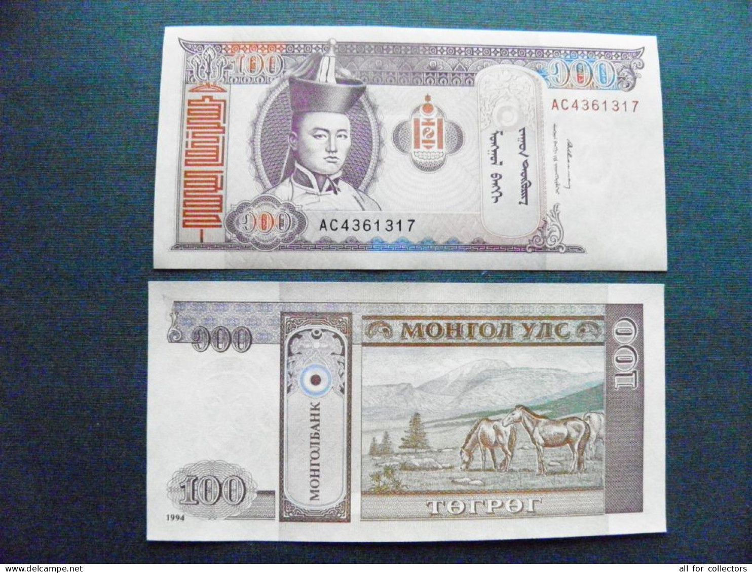 Banknote Mongolia UNC 100 Tugrik 1993 1994 P-57 Soemba Arms Sukhe-battar Horses Animals Mountains - Mongolie