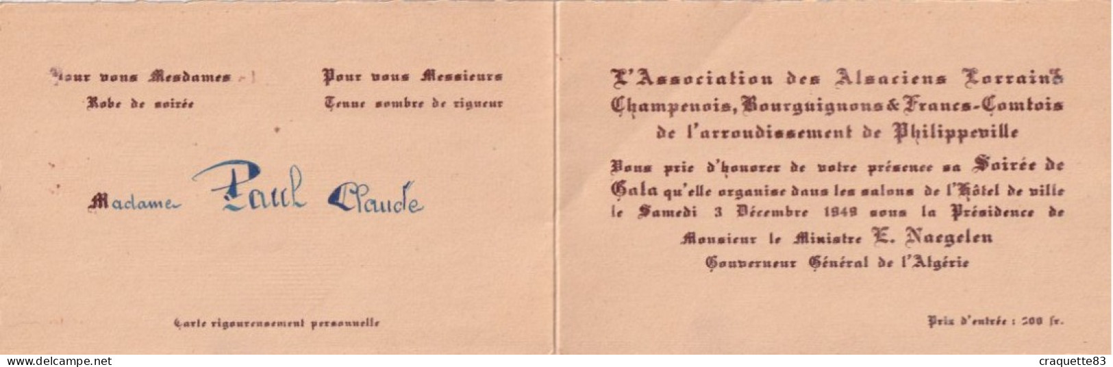 SOIREE DE GALA -ASSOCIATION DES ALSACIENS LORRAINS CHAMPENOIS BOURGUIGNONS & FRANC COMTOIS PHILIPPEVILLE ALGERIE1949 - Andere & Zonder Classificatie