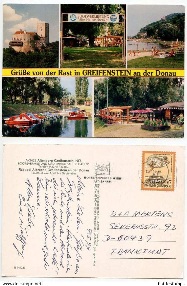 Austria 1999 Postcard Grüße Von Der Rast In Greifenstein An Der Donau; 7s. The Cruel Lady Of Forchtenstein Castle Stamp - Tulln