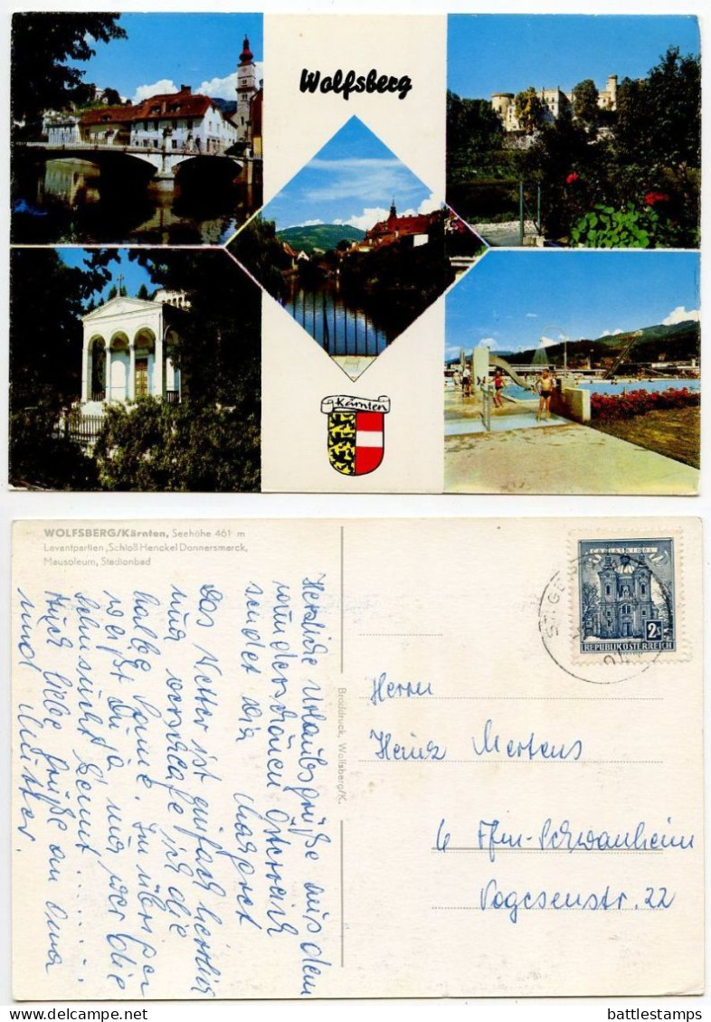 Austria 1967 Postcard Wolfsberg, Karnten - Multiple Views; St. Gertraud Postmark; 2s. Christkindl Church Stamp - Wolfsberg