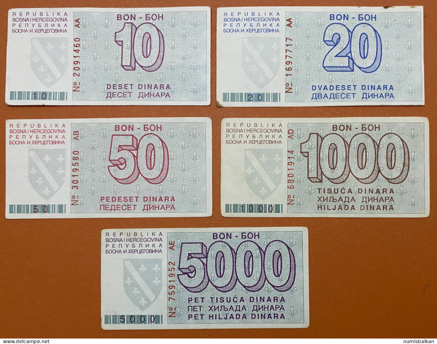 Bosnia, 10, 20, 50, 1000 And 5000 Dinara 1992, Pick21,22, 23,,26, 27, VF-XF - Bosnia And Herzegovina