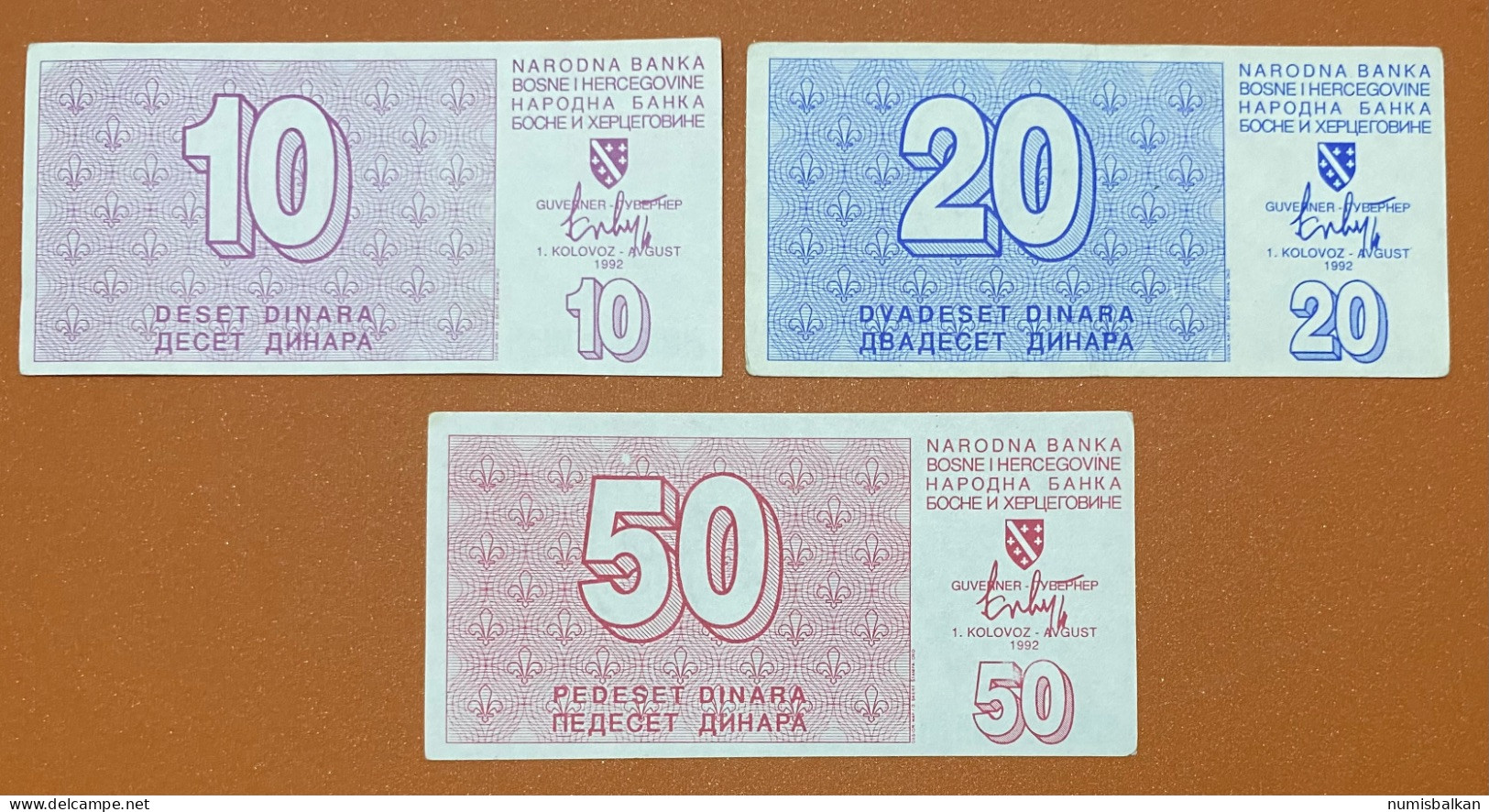 Bosnia, 10, 20, 50 Dinara 1992, Pick 21,22, 23 XF-aUNC - Bosnia Erzegovina