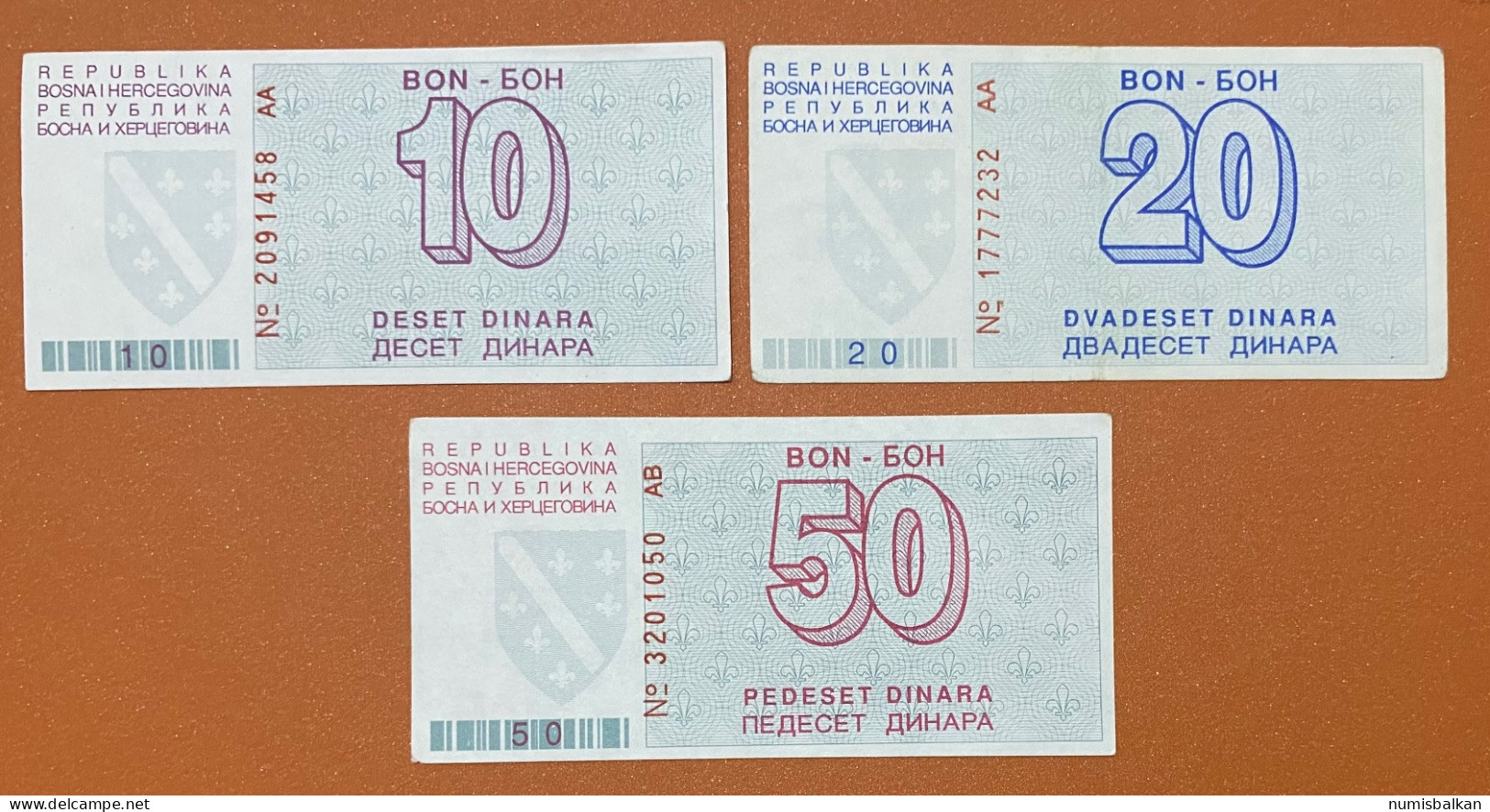 Bosnia, 10, 20, 50 Dinara 1992, Pick 21,22, 23 XF-aUNC - Bosnie-Herzegovine