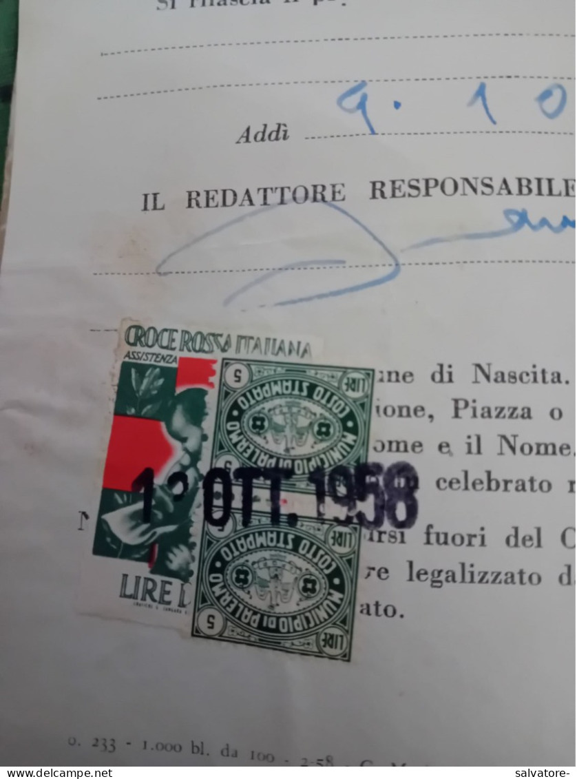 MARCA DA BOLLO CROCE ROSSA ITALIANA LIRE 5 + ALTRE 2 - 1958 - Revenue Stamps