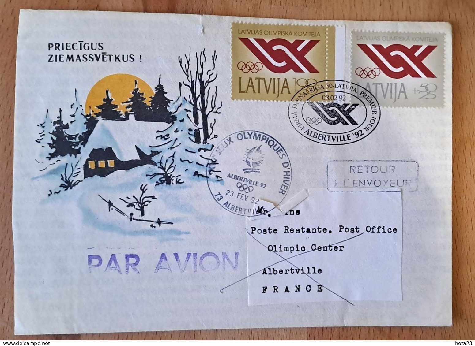 OLYMPIC STAMP Latvia , Lettonia , Lettland 1992 FDC  OLYMPIC GAMES ALBERTVILLE - SPAIN LETTER RETURNED -2 - Winter 1992: Albertville